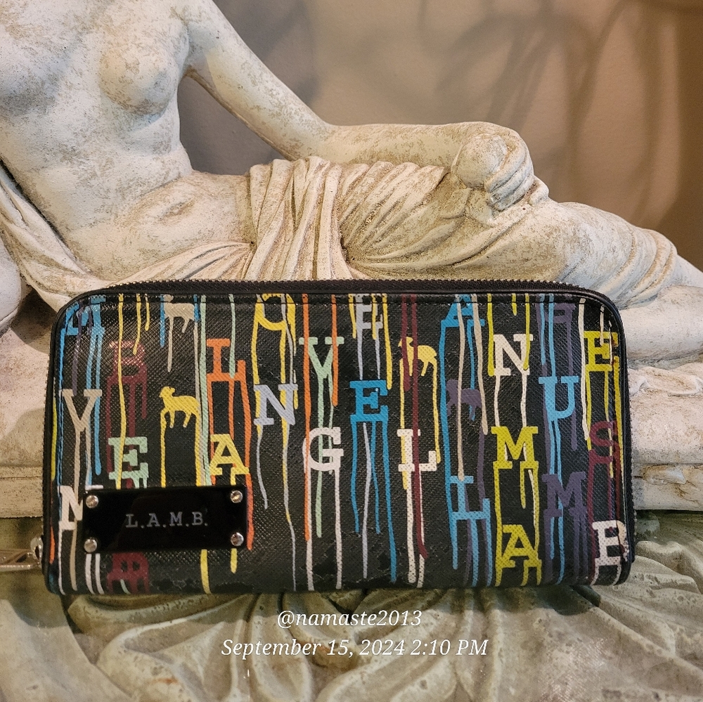 L.A.M.B. Gwen Stefani Logo Paint Spill Graffiti Wallet Leather PVC Designer #45